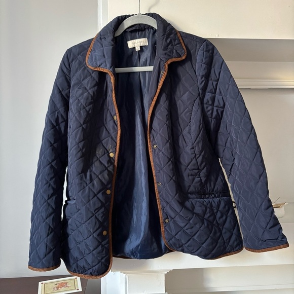 Talbots Navy Quilted Puffer Jacket with Brown Trim - Picture 1 of 4